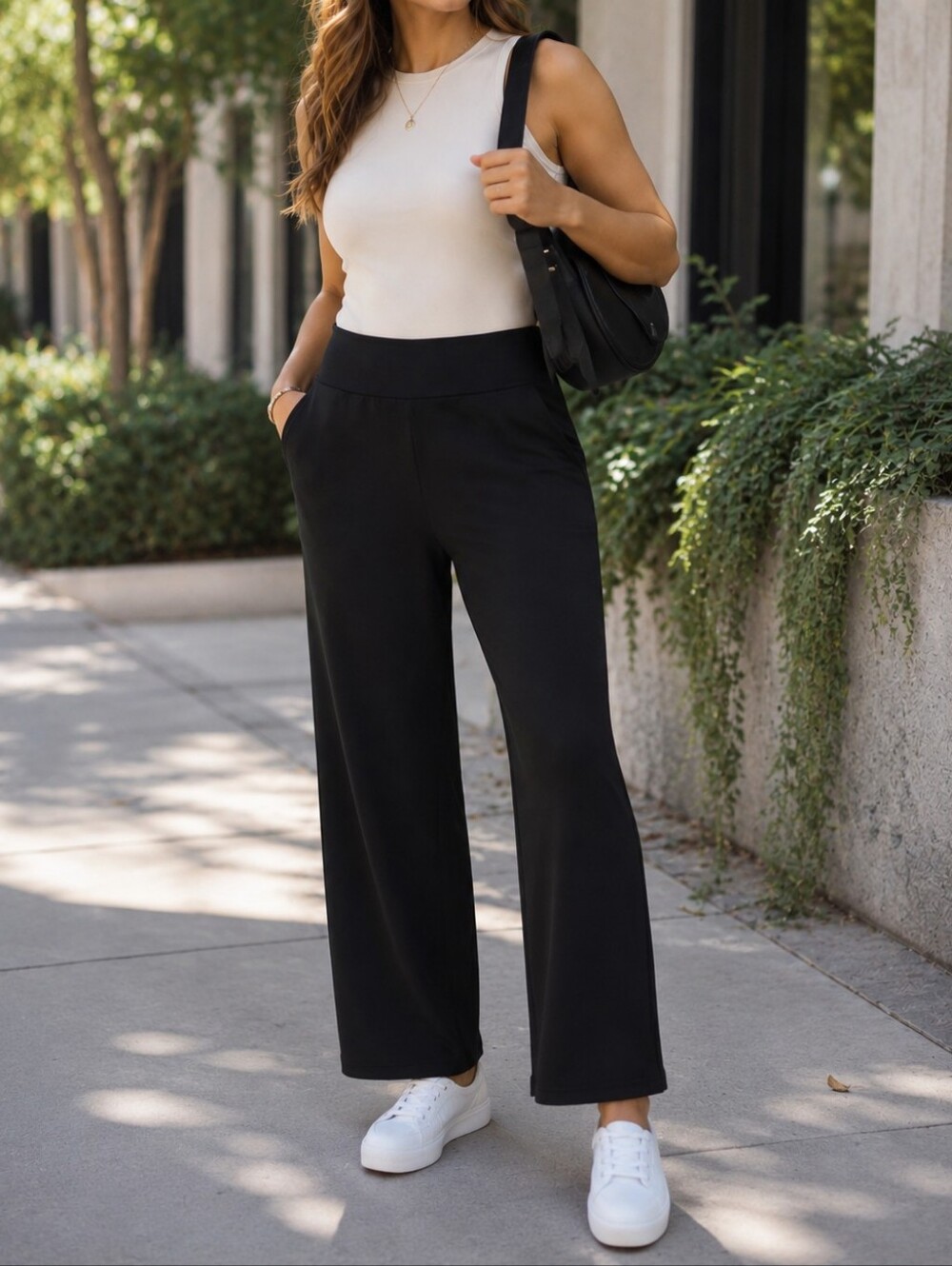 Hyba Petite Super Soft Black Wide Leg Pull-On Pants Viscose Blend Casual Lounge